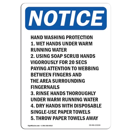 OSHA Notice Sign, Hand Washing Protection 1. Wet, 18in X 12in Rigid Plastic